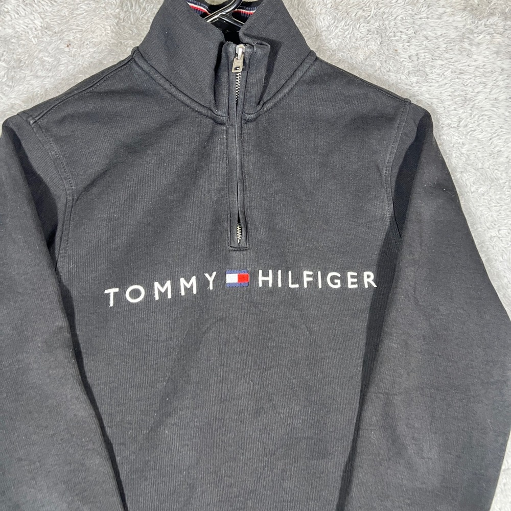 Tommy Hilfiger Mens Black Quarter Zip Pullover Sweatshirt Logo Embroidered Mock